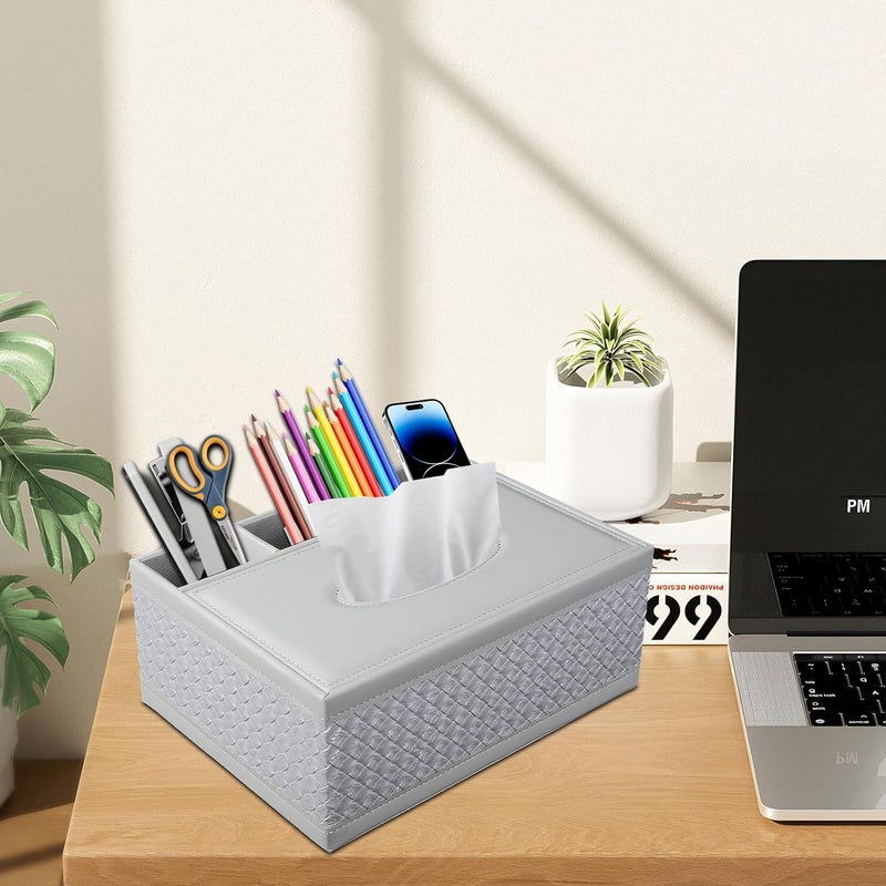 XNONE Tissue Box Cover Rectangle White Kleenex Box Holder PU Leather Facial Tissue Organizer,Multifunctional Remote Control Stationery Storage Box,Home Office Supplies Car Napkin Caddy - Image 3